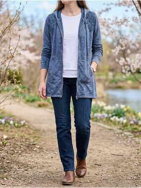 CJ Banks faded denim-blue embroidered jacket with hood and full zipper size L